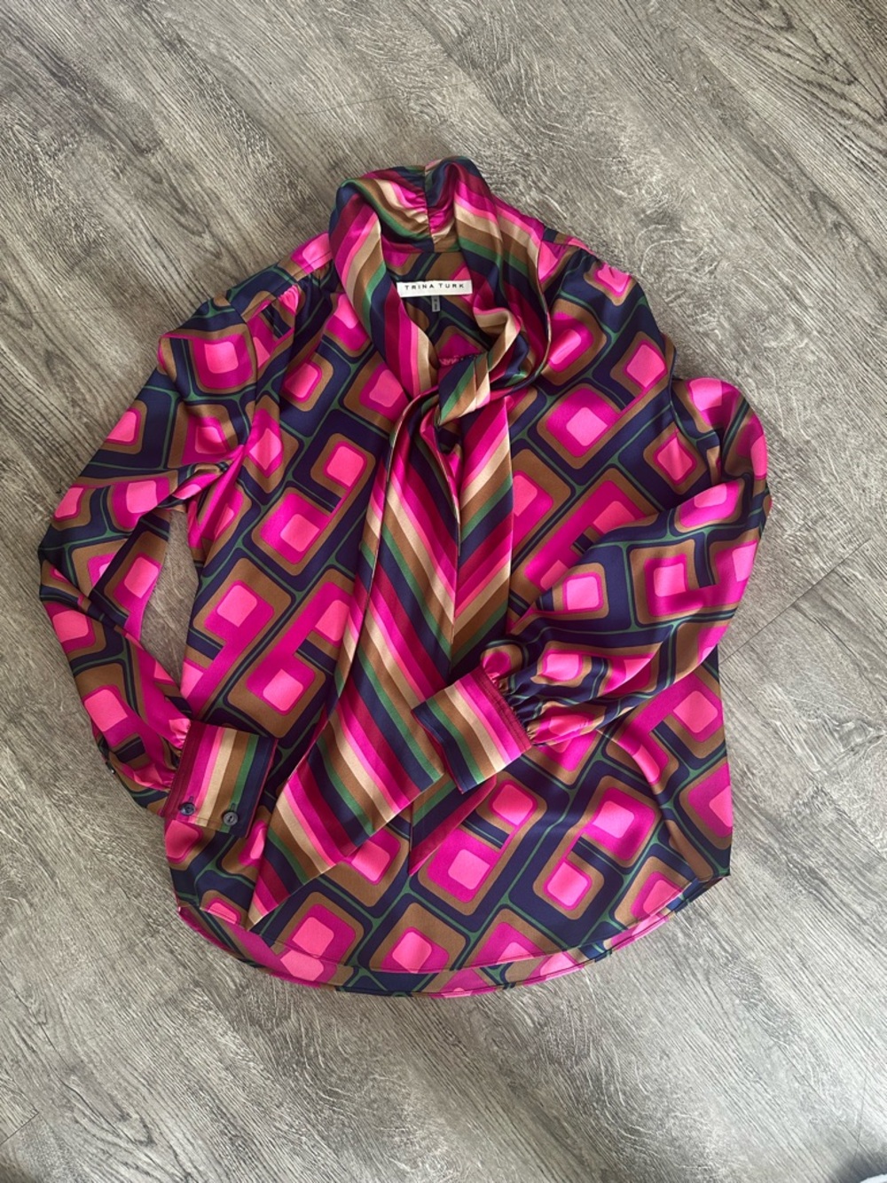 Trina Turk Fuchsia Geometric Tie-Neck Blouse
